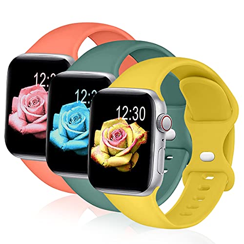 Sichy Correa Compatible con Apple Watch 44 mm 40 mm 38 mm 42 mm, Correas de muñeca de Repuesto de Silicona compatibles con iWatch Series 6/5/4/3/2/1 /SE,40mm/38mm M/L,Amarillo Mango/Verde Pino/Coral