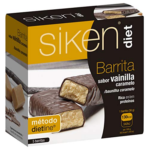 Siken Diet - Barrita Sabor Vainilla y Caramelo. Rica en Proteínas y en fibras - Estuche con 5 uds, 180 gr