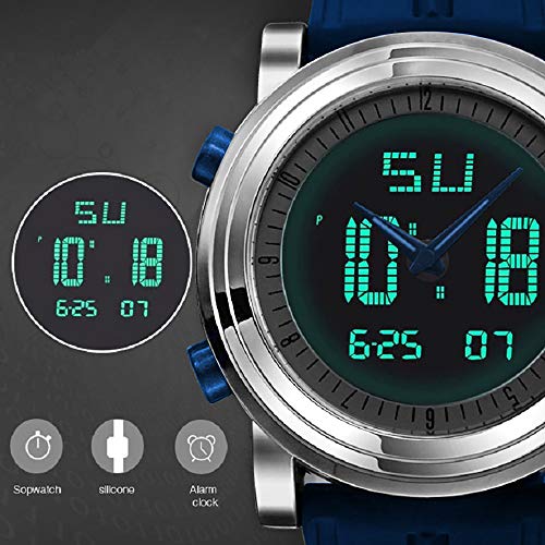 SINOBI para Hombre Reloj de Pulsera Deportivo Cuarzo electrónico Digital Reloj con Alarma Cronómetro Doble Movimiento Hombres de la muñeca Relojes (Silver)