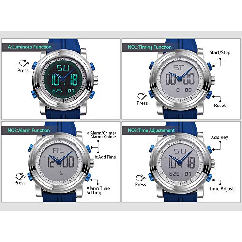 SINOBI para Hombre Reloj de Pulsera Deportivo Cuarzo electrónico Digital Reloj con Alarma Cronómetro Doble Movimiento Hombres de la muñeca Relojes (Silver)