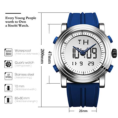 SINOBI para Hombre Reloj de Pulsera Deportivo Cuarzo electrónico Digital Reloj con Alarma Cronómetro Doble Movimiento Hombres de la muñeca Relojes (Silver)