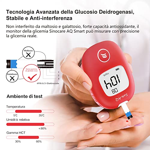 Sinocare Medidor de Glucosa en Sangre, Kit de Prueba de Glucosa en Sangre, 50 x Tiras de Prueba de Glucosa en Sangre y Dispositivo de Punción - mg/dL (Safe AQ Smart)