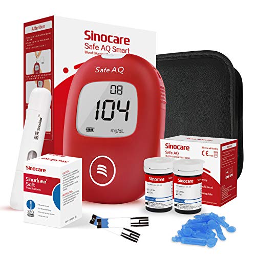 Sinocare Medidor de Glucosa en Sangre, Kit de Prueba de Glucosa en Sangre, 50 x Tiras de Prueba de Glucosa en Sangre y Dispositivo de Punción - mg/dL (Safe AQ Smart)