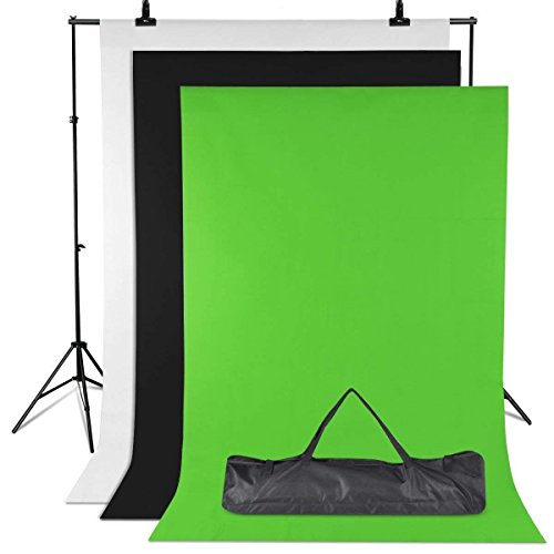 Sistema di Soporte Fondo Fotografico, 1.6X 2m Fondo Blanco Negro Verde, con Soporte Ajustable 3x2m, 3 Abrazaderas y Bolsa de Transporte para Estudio Fotográfico e Iluminación, Video y Fotografía