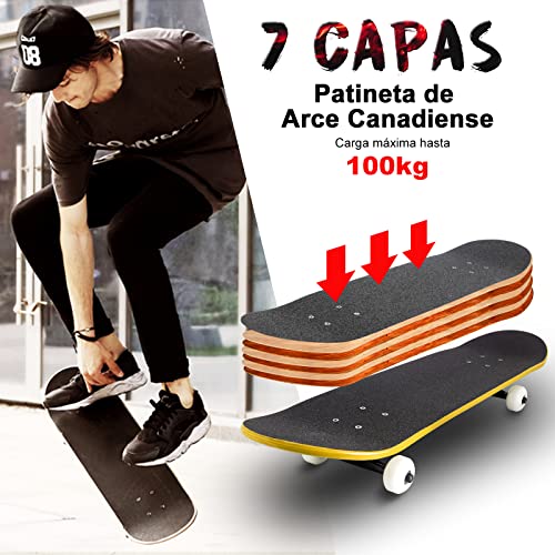 Skateboard para Principiantes Niños Adultos 79 X 20 Cm, Monopatin Completo de 7 Capas de Madera de Arce para Niños y Niñas, con Rodamientos ABEC-7 y Herramienta en T de Skate Todo en Uno