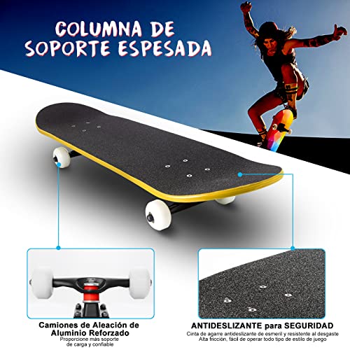 Skateboard para Principiantes Niños Adultos 79 X 20 Cm, Monopatin Completo de 7 Capas de Madera de Arce para Niños y Niñas, con Rodamientos ABEC-7 y Herramienta en T de Skate Todo en Uno