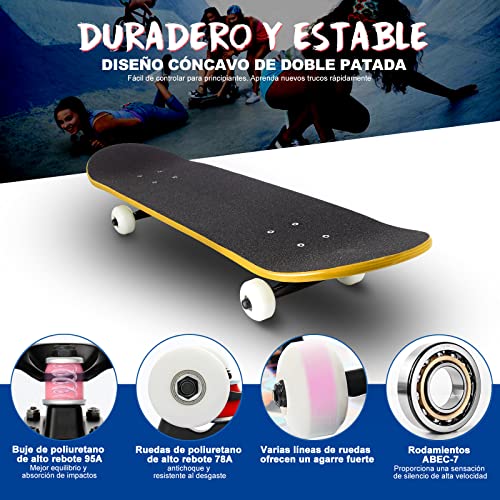 Skateboard para Principiantes Niños Adultos 79 X 20 Cm, Monopatin Completo de 7 Capas de Madera de Arce para Niños y Niñas, con Rodamientos ABEC-7 y Herramienta en T de Skate Todo en Uno