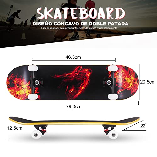 Skateboard para Principiantes Niños Adultos 79 X 20 Cm, Monopatin Completo de 7 Capas de Madera de Arce para Niños y Niñas, con Rodamientos ABEC-7 y Herramienta en T de Skate Todo en Uno