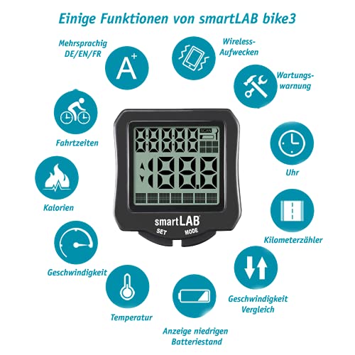 smartLAB Ciclocomputador inalámbrico de Bike3 con 16 funciones, pantalla LCD impermeable, compatible con todas las bicicletas.