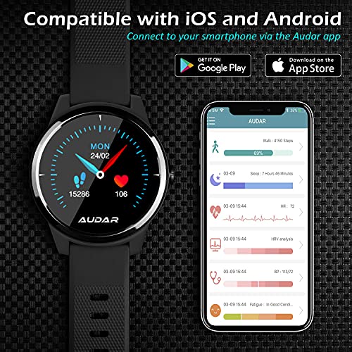 Smartwatch ECG Elegante Deportivo - Audar E1 Pulsera Electrocardiograma, Frecuencia Cardíaca, Tensiometro, Sueño Cronómetros IP67, CareMate, para Android y iOS - Unisex Hombre y Mujer