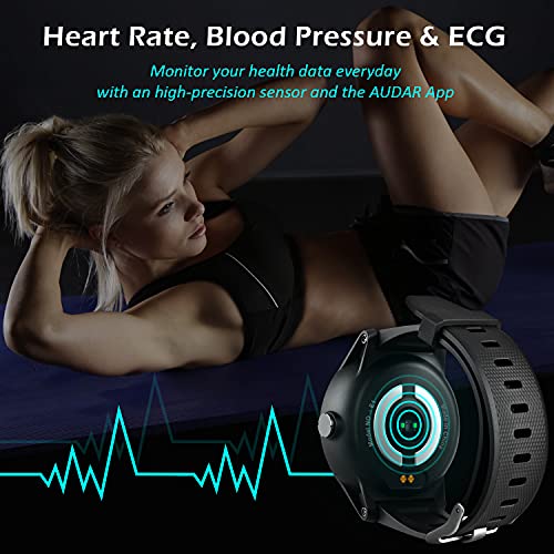 Smartwatch ECG Elegante Deportivo - Audar E1 Pulsera Electrocardiograma, Frecuencia Cardíaca, Tensiometro, Sueño Cronómetros IP67, CareMate, para Android y iOS - Unisex Hombre y Mujer