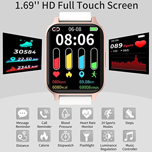 Smartwatch,1.69" Reloj Inteligente Mujer con Temperatura,Impermeable IP68 Fitness Reloj 24 Modos Deporte con Pulsómetro Monitor de Sueño Calorías Podómetro para Android iOS (Blanco)