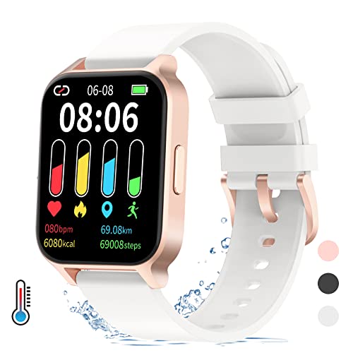 Smartwatch,1.69" Reloj Inteligente Mujer con Temperatura,Impermeable IP68 Fitness Reloj 24 Modos Deporte con Pulsómetro Monitor de Sueño Calorías Podómetro para Android iOS (Blanco)
