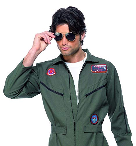 Smiffy'S 36287L Disfraz De Top Gun Con Mono, Placas De Identificación Y Gafas, Verde, L - Tamaño 42"-44"