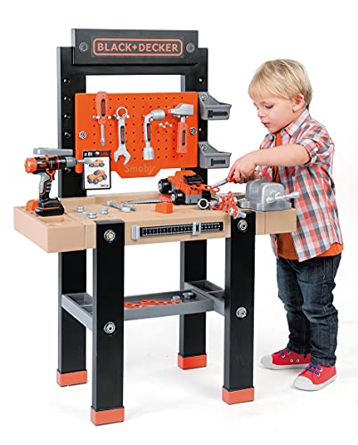 Smoby Black & Decker-Bricolo Center Taller Banco Herramientas Infantil-función Clavo Sube y Baja-más de 92 Piezas-Incluye Coche para Construir 360701, Color Negro y Rojo, No Installation