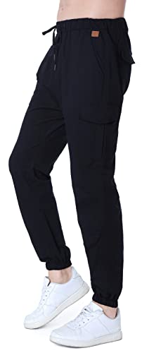 Socluer Cinturón de algodón elástico de los Hombres Pantalones de Carga Largos con cordón Bolsillos Laterales Pantalones Deportivos Pantalones de Jogging Ropa Deportiva (Negro, XL)