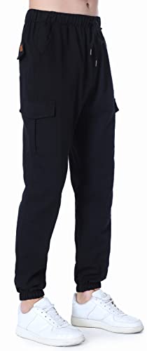 Socluer Cinturón de algodón elástico de los Hombres Pantalones de Carga Largos con cordón Bolsillos Laterales Pantalones Deportivos Pantalones de Jogging Ropa Deportiva (Negro, XL)