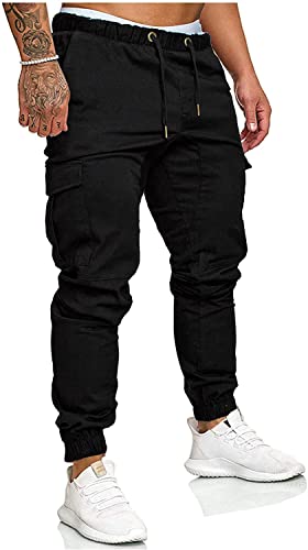 Socluer Cinturón de algodón elástico de los Hombres Pantalones de Carga Largos con cordón Bolsillos Laterales Pantalones Deportivos Pantalones de Jogging Ropa Deportiva (Negro, XL)