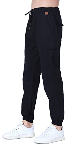 Socluer Cinturón de algodón elástico de los Hombres Pantalones de Carga Largos con cordón Bolsillos Laterales Pantalones Deportivos Pantalones de Jogging Ropa Deportiva (Negro, XL)