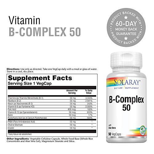 SOLARAY® B complex 50. 50 VegCaps. Las Vitaminas B contribuyen al normal funcionamiento del sistema nervioso. Sin gluten. Apto para veganos.