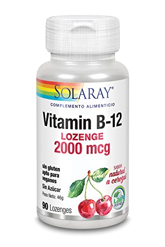 SOLARAY Vitamina B-12 2000mcg | Sabor a cereza natural sin azúcar | Energía saludable y soporte de glóbulos rojos | Sin Gluten | Apto Para Veganos | 90 Lozenges
