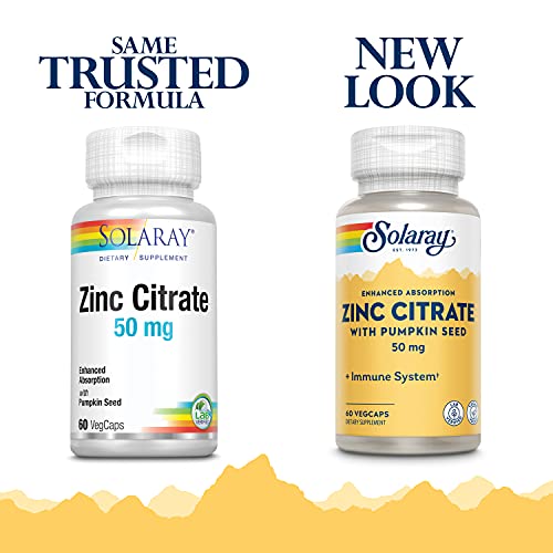 SOLARAY® Zinc Citrate 50 60 VegCaps. Contribuye al normal funcionamiento del sistema inmunitario y a la protección de las células frente al daño oxidativo. Sin gluten. Apto para veganos.