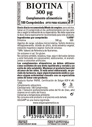 Solgar | Biotina 300 µg Comprimidos | Mantiene el cabello y la piel sanos | Favorece al metabolismo normal | Vitamina B | 100 Comprimidos