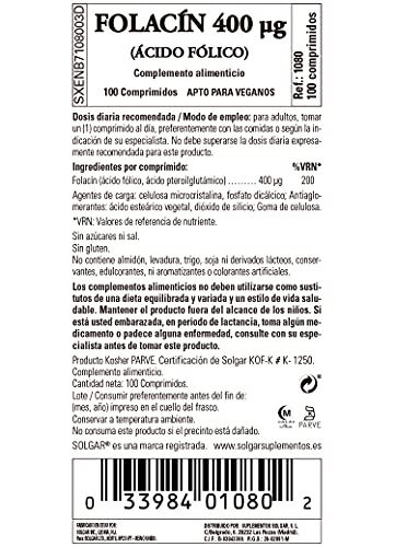 Solgar | Folacín Ácido Fólico 400 µg | Vitamina B9 | Especial Embarazo | 100 Comprimidos