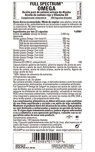 Solgar | Full Spectrum Omega de Salmón Salvaje de Alaska | Favorece la salud cerebral y visual | 120 Cápsulas blandas con aceite puro de salmón salvaje de Alaska, aceite de salmón rojo y vitamina D3