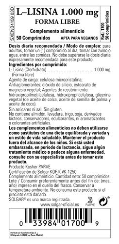 Solgar L-Lisina 1000 mg, Forma Libre, 50 Comprimidos