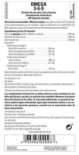 Solgar | Omega 3-6-9 | Aceite de Pescado, Lino y Borraja | Ácidos Grasos | 120 Cápsulas blandas