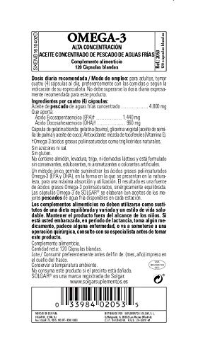 Solgar Omega-3 Doble Ácidos Grasos Poliinsaturados como Triglicéridos Naturales, 120 Cápsulas Blandas