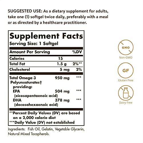 Solgar Omega-3 Triple Concentración, Aceite Concentrado de Pescado de Aguas Frías Aporta EPA y DHA,100 Cáspulas Blandas, Ácidos Grasos