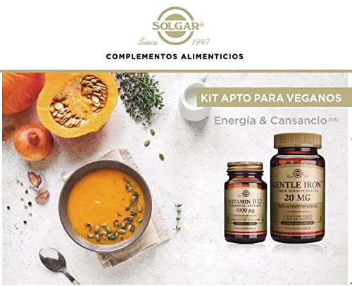 Solgar Pack vegano, Hierro Gentle (Hierro bisglicinato) de 180 cápsulas vegetales, Vitamina B12 1000 microgramos (Cianocobalamina) de 100 comprimidos sublinguales y masticables