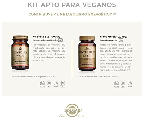 Solgar Pack vegano, Hierro Gentle (Hierro bisglicinato) de 180 cápsulas vegetales, Vitamina B12 1000 microgramos (Cianocobalamina) de 100 comprimidos sublinguales y masticables