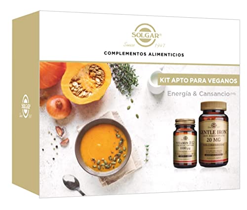 Solgar Pack vegano, Hierro Gentle (Hierro bisglicinato) de 180 cápsulas vegetales, Vitamina B12 1000 microgramos (Cianocobalamina) de 100 comprimidos sublinguales y masticables