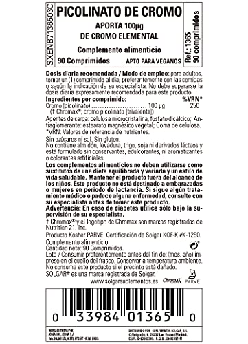 Solgar Picolinato de Cromo Comprimidos de 100 µg, Blanco, Envase de 90 (e1365), 21 Gramo