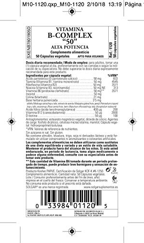 Solgar | Vitamina B-Complex "50" Alta potencia | Metabolismo energético y Rendimiento Intelectual |Reduce el cansancio y la fatiga | 50 Cápsulas vegetales