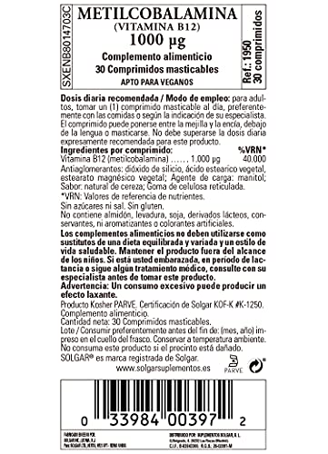 Solgar Vitamina B12 1000 μg (Metilcobalamina), 30 Comprimidos sublinguales y masticables