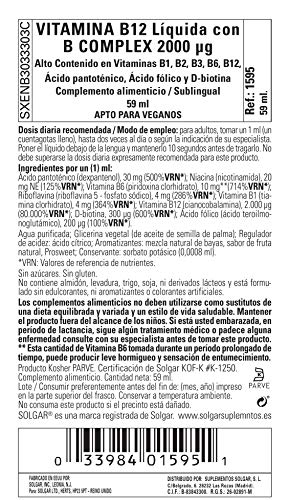 Solgar Vitamina B12 Líquida con B-Complex 2000 µg, Sublingual, Alto contenido en Vitaminas, 59 ml