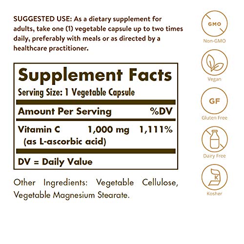 Solgar - Vitamina C 1000 Mg, Cápsulas Vegetales, Multicolor, Naranja, 100 Unidades, 260 Gramos