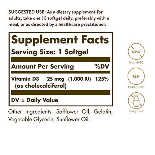 Solgar Vitamina D3 1000 IU (25 μg), Aceite de Hígado de Pescado y Colecalciferol, 100 cápsulas blandas