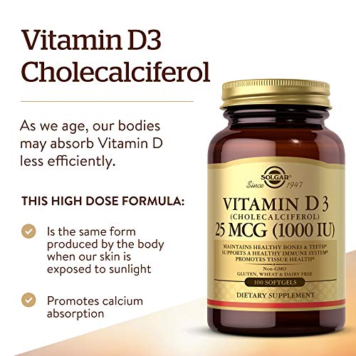 Solgar Vitamina D3 1000 IU (25 μg), Aceite de Hígado de Pescado y Colecalciferol, 100 cápsulas blandas