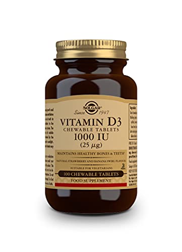 Solgar Vitamina D3 1000 UI (25 μg), Huesos, Músculos y Sistema Inmune sanos, Sabor Fresa Plátano, 100 Comprimidos masticables