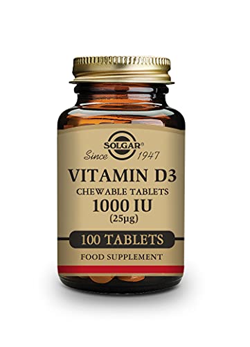 Solgar Vitamina D3 1000 UI (25 μg), Huesos, Músculos y Sistema Inmune sanos, Sabor Fresa Plátano, 100 Comprimidos masticables