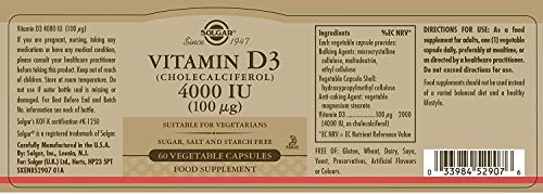 Solgar Vitamina D3 4000 UI (100 μg), Huesos y Sistema Inmune, 60 Cápsulas vegetales