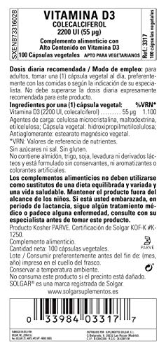 Solgar Vitamina D3 (Colecalciferol) 2200 UI (55 µg) Cápsulas vegetales - Envase de 100