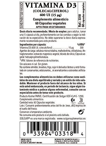 Solgar Vitamina D3 (Colecalciferol) 600 UI (15 µg) Cápsulas vegetales - Envase de 60