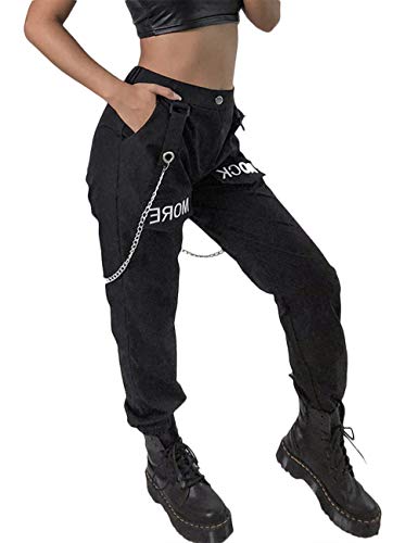 SOMTHRON Mujer Carga Holgado Hip Hop Pantalones con Cadena Cintura Alta Pantalones Harén(BL,M)