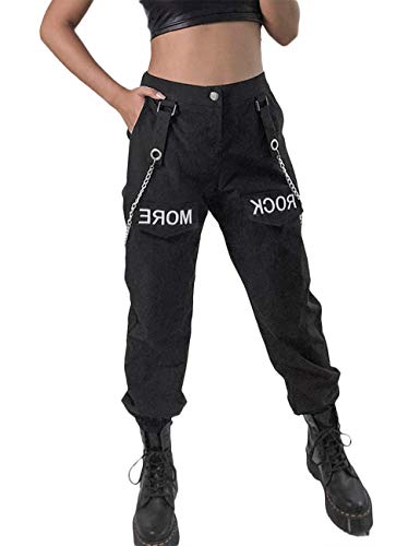 SOMTHRON Mujer Carga Holgado Hip Hop Pantalones con Cadena Cintura Alta Pantalones Harén(BL,M)